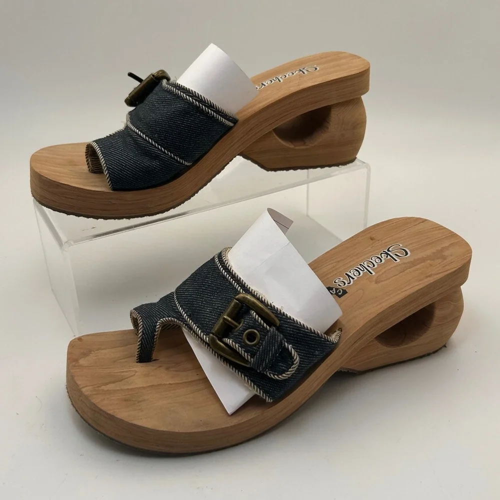 VTG Y2K Skechers Somethin Else Platform Sandals 6 Blue Denim Cutout Heel Boho